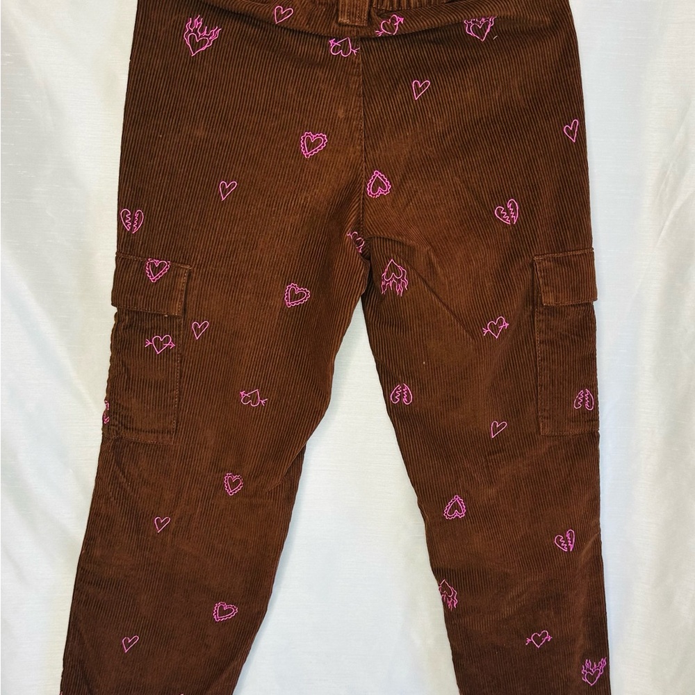 Brown Corduroy Pants with Pink Heart Embroidery - Picture 7 of 10